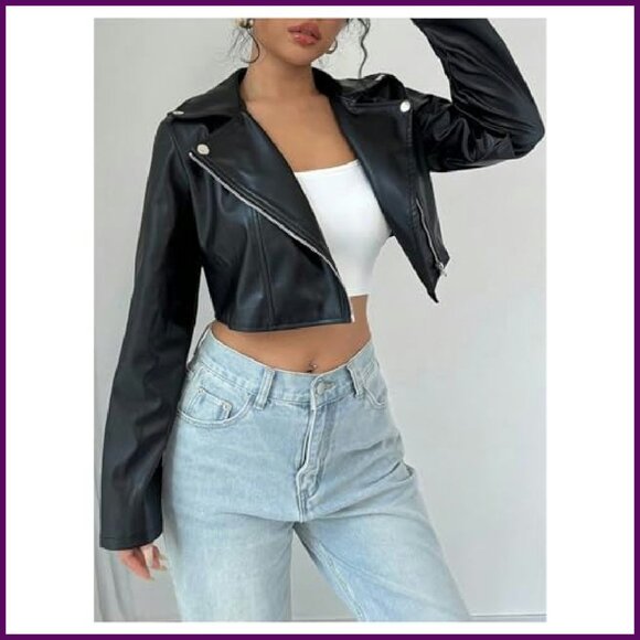 PU Leather Cropped Moto Jacket Zip Up Women's Faux Leather Coat - Picture 6 of 6